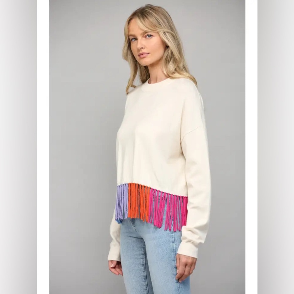 NWT Colorful Fringe Hem Crew Neck Sweatee (Size Large, brand: FATE) - Picture 2 of 5
